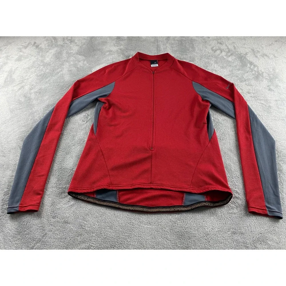Nike Sphere Dry Mens Cycling Jersey Red Grey Long Sleeve Half‎ Zip Size Large
